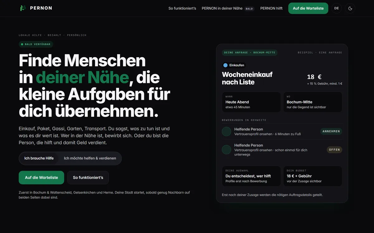 Dieselbe Startseite von pernon.de im dunklen Design.