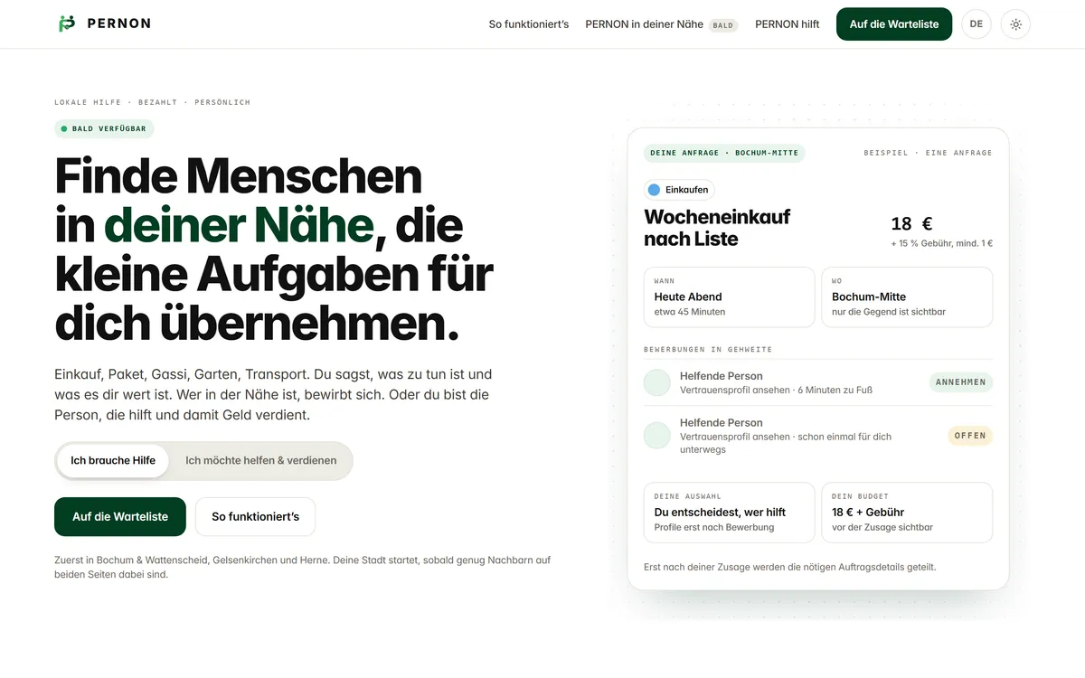 Startseite von pernon.de mit der Überschrift »Finde Menschen in deiner Nähe, die kleine Aufgaben für dich übernehmen« und einer als Beispiel gekennzeichneten Anfrage für einen Wocheneinkauf.