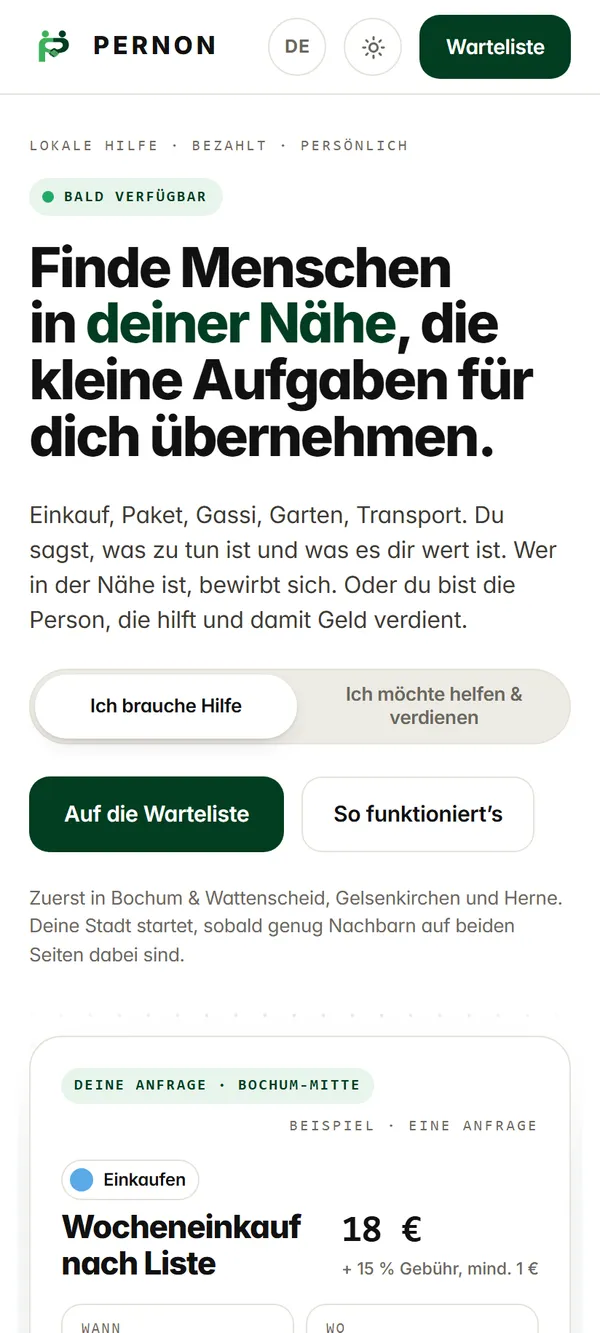 Startseite von pernon.de auf dem Smartphone mit Überschrift, Rollenwahl und dem Weg zur Warteliste.