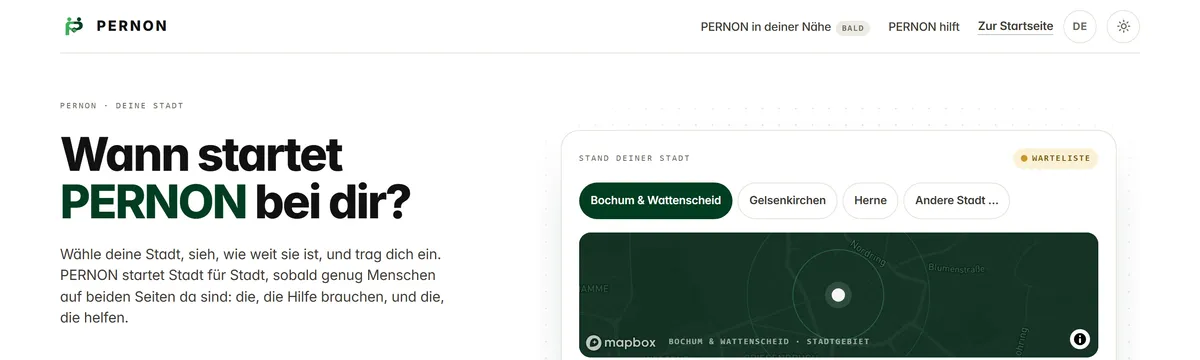 Wartelistenseite mit der Frage »Wann startet PERNON bei dir?«, der Auswahl der Startregionen und einer Karte von Bochum & Wattenscheid.