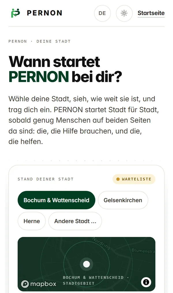 Wartelistenseite auf dem Smartphone mit der Auswahl der Startregionen und einer Karte von Bochum & Wattenscheid.